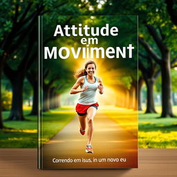 A captivating book cover for 'Atitude em Movimento: Correndo em busca de um novo eu' featuring an inspiring scene of a runner in mid-stride, showcasing determination and resilience