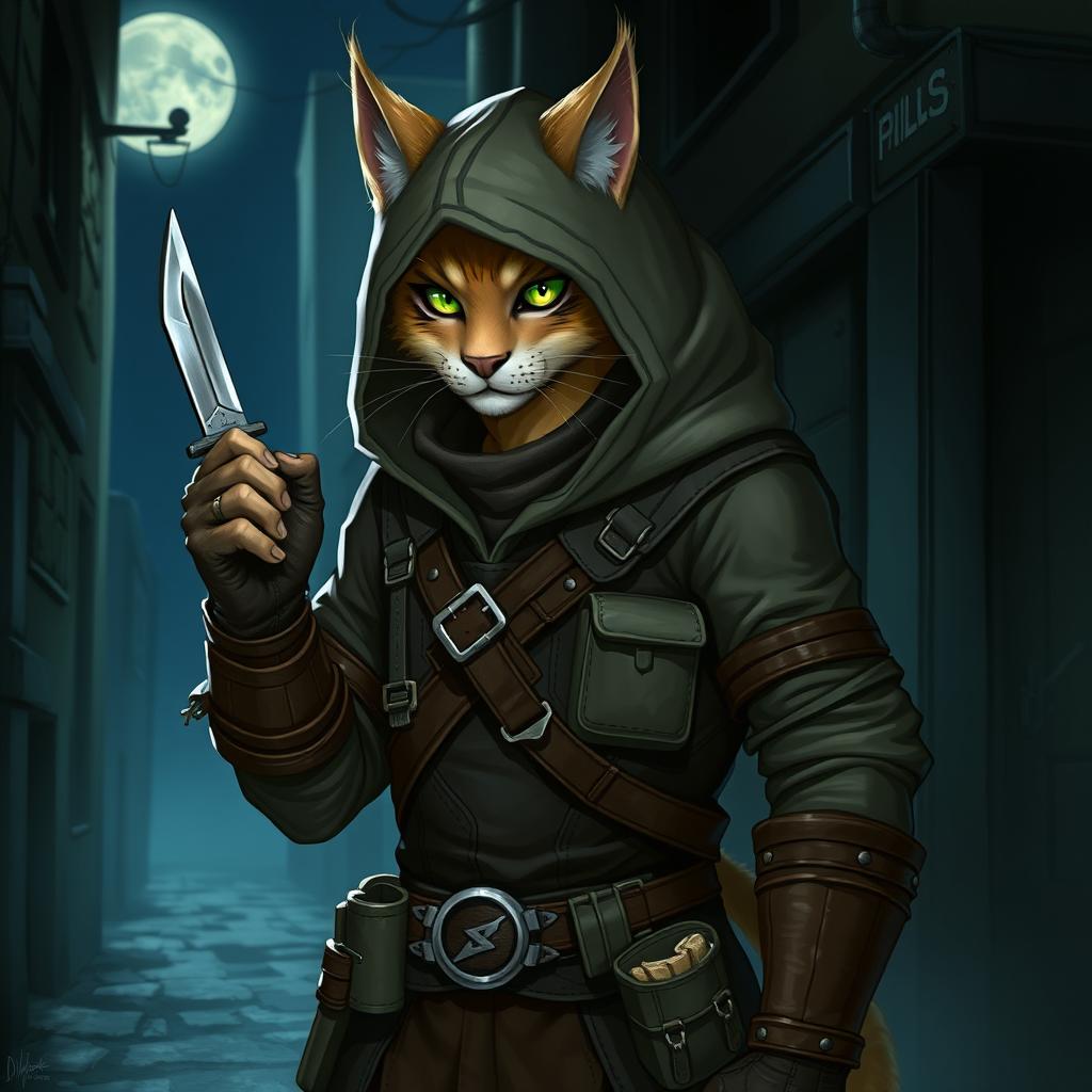 A male D&D character who resembles a fishercat, showcasing a humanoid figure with distinct feline features such as a bushy tail, whiskers, and sleek fur in shades of brown and grey