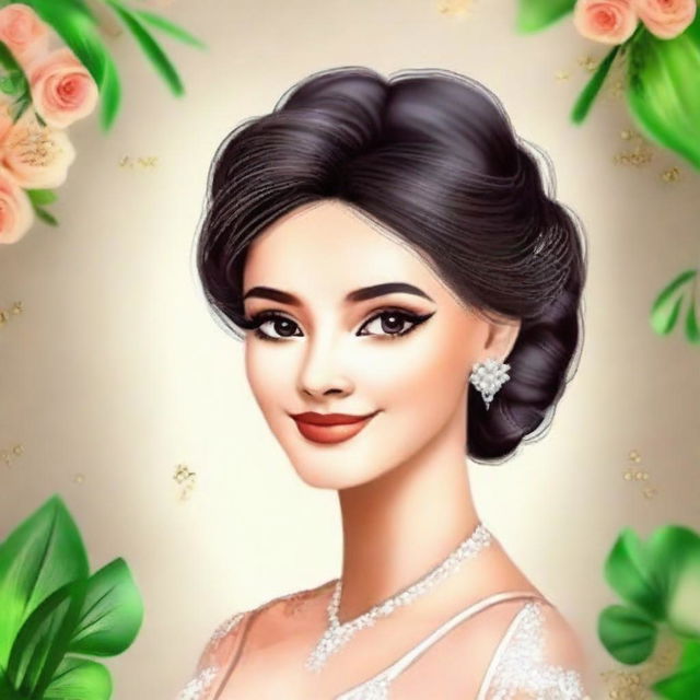 Create a profile picture for a female named Samoora, depicting her as an elegant and graceful woman in her late 20s, with soft, cheerful features and sparkling eyes.