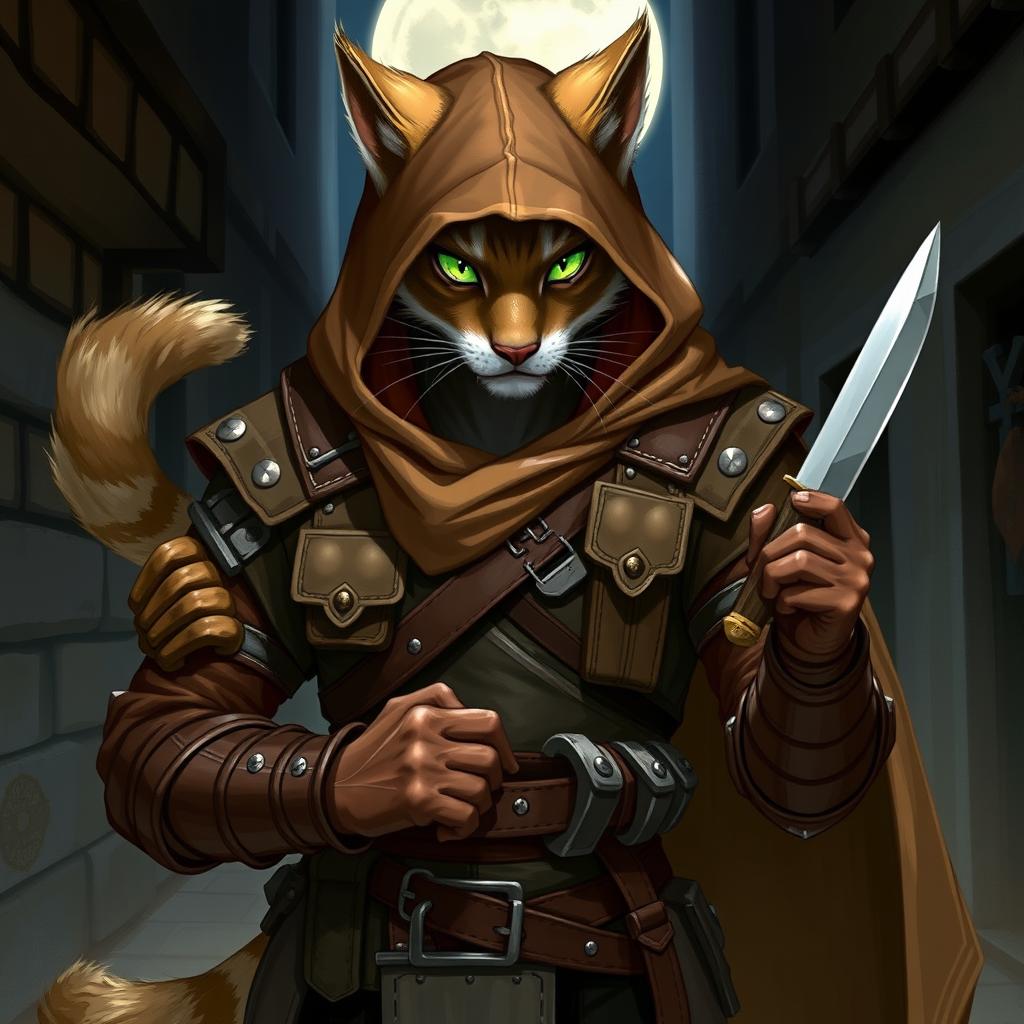 A male D&D character who resembles a fishercat, showcasing a humanoid figure with distinct feline features such as a bushy tail, whiskers, and sleek fur in shades of brown and grey