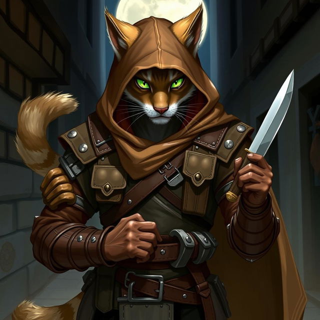 A male D&D character who resembles a fishercat, showcasing a humanoid figure with distinct feline features such as a bushy tail, whiskers, and sleek fur in shades of brown and grey