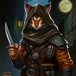 A male D&D character who resembles a fishercat, showcasing a humanoid figure with distinct feline features such as a bushy tail, whiskers, and sleek fur in shades of brown and grey