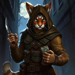 A male D&D character who resembles a fishercat, showcasing a humanoid figure with distinct feline features such as a bushy tail, whiskers, and sleek fur in shades of brown and grey