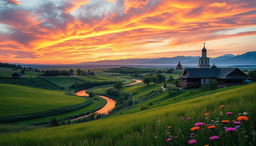 A mesmerizing landscape view of the Russian countryside featuring expansive green fields, rolling hills, and a serene river flowing through the scene