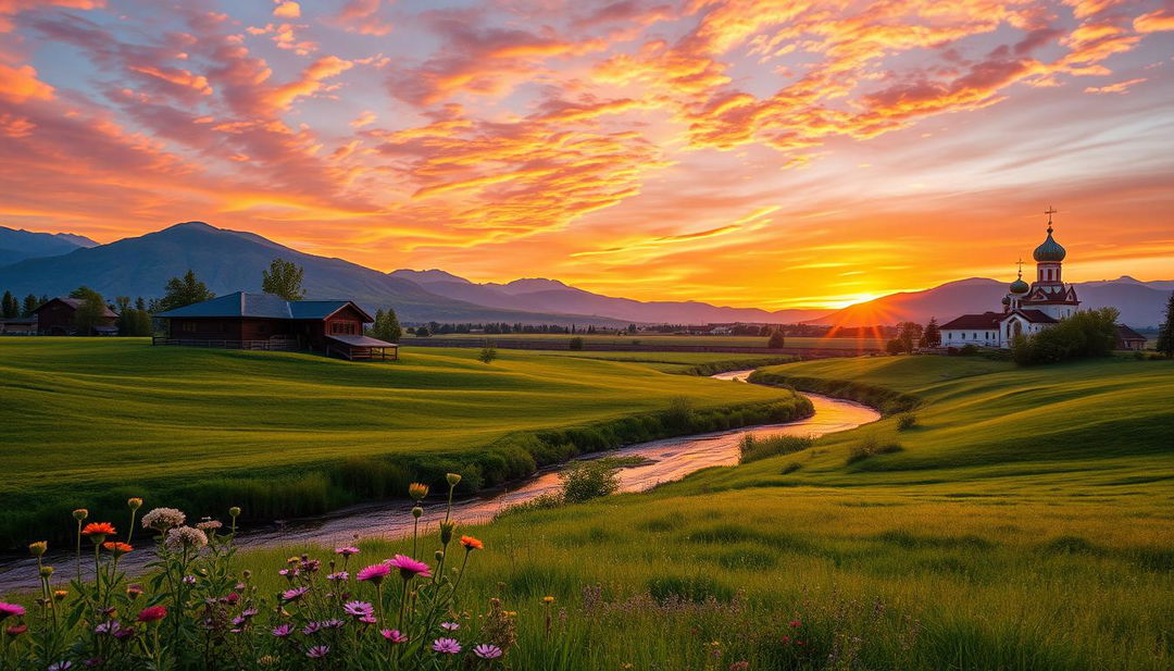 A mesmerizing landscape view of the Russian countryside featuring expansive green fields, rolling hills, and a serene river flowing through the scene