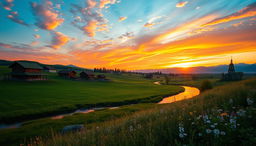 A mesmerizing landscape view of the Russian countryside featuring expansive green fields, rolling hills, and a serene river flowing through the scene