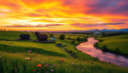 A mesmerizing landscape view of the Russian countryside featuring expansive green fields, rolling hills, and a serene river flowing through the scene