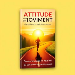 Book cover design for 'Atitude em Movimento: Correndo em busca de um novo eu', featuring a silhouette of a runner on a winding road that leads into a vibrant sunrise