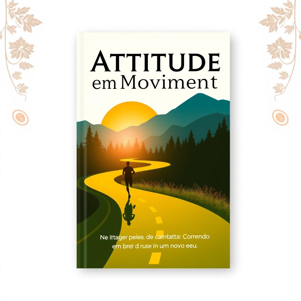 Book cover design for 'Atitude em Movimento: Correndo em busca de um novo eu', featuring a silhouette of a runner on a winding road that leads into a vibrant sunrise