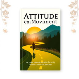 Book cover design for 'Atitude em Movimento: Correndo em busca de um novo eu', featuring a silhouette of a runner on a winding road that leads into a vibrant sunrise