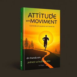 Book cover design for 'Atitude em Movimento: Correndo em busca de um novo eu', featuring a silhouette of a runner on a winding road that leads into a vibrant sunrise