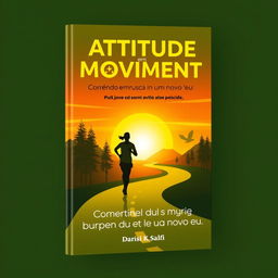 Book cover design for 'Atitude em Movimento: Correndo em busca de um novo eu', featuring a silhouette of a runner on a winding road that leads into a vibrant sunrise