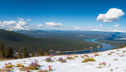 A breathtaking panoramic view of the Siberian landscape featuring vast stretches of untouched wilderness