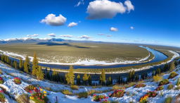 A breathtaking panoramic view of the Siberian landscape featuring vast stretches of untouched wilderness