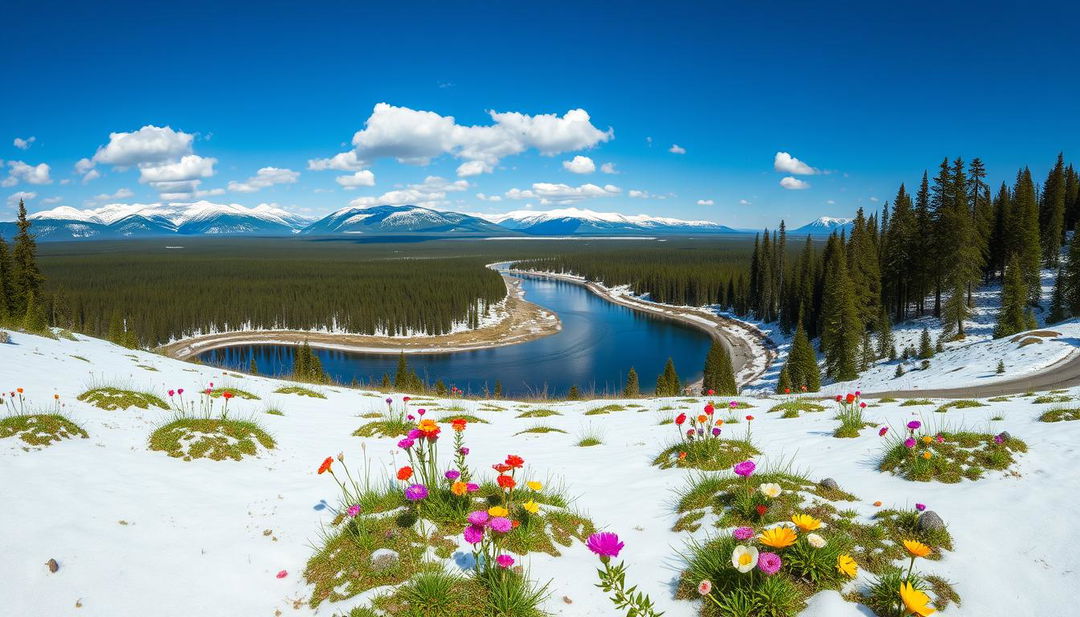 A breathtaking panoramic view of the Siberian landscape featuring vast stretches of untouched wilderness