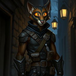 A male D&D character resembling a mix between a fishercat and a weasel, featuring elongated body proportions, sleek fur in rich shades of brown and black, and distinctive facial markings