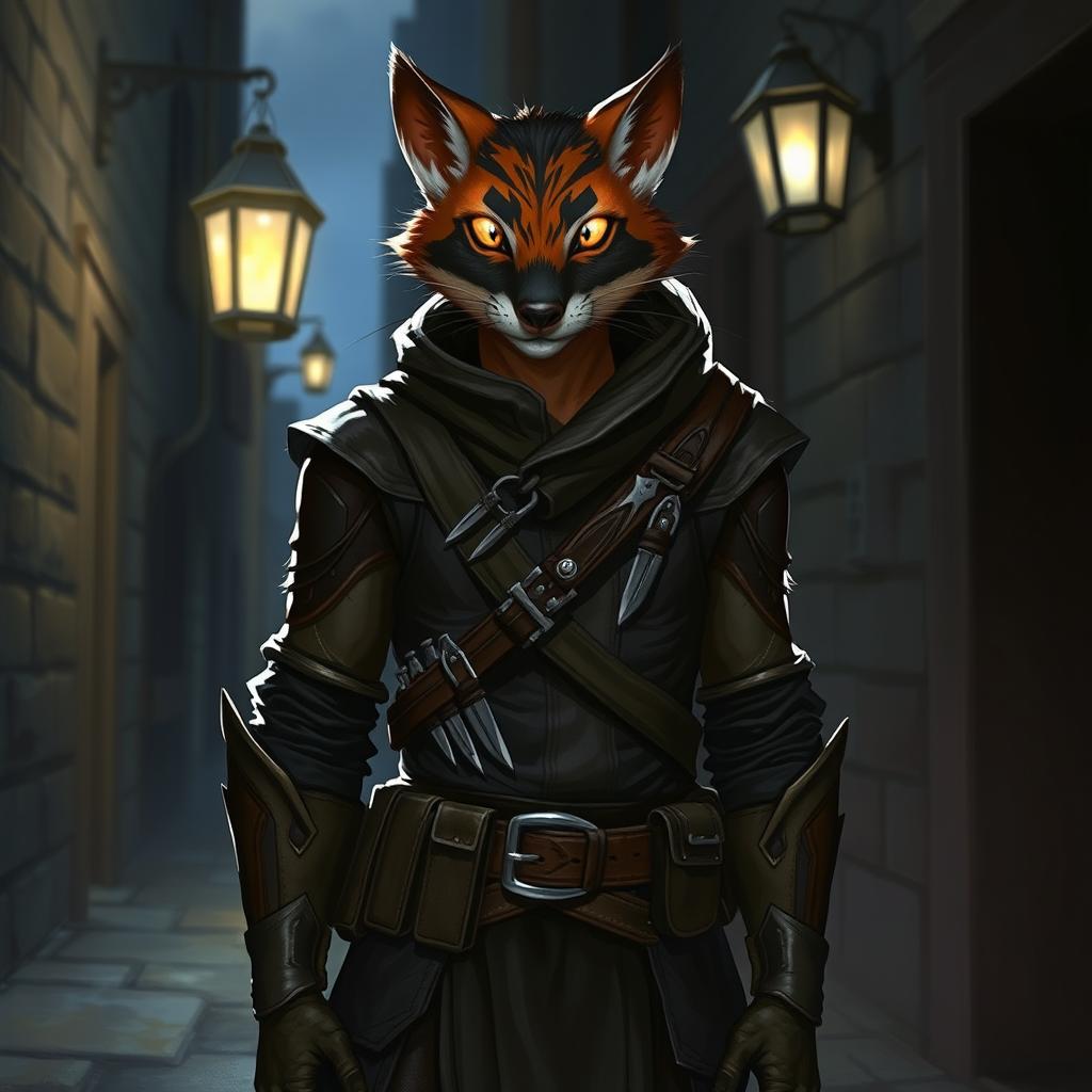 A male D&D character resembling a mix between a fishercat and a weasel, featuring elongated body proportions, sleek fur in rich shades of brown and black, and distinctive facial markings