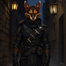 A male D&D character resembling a mix between a fishercat and a weasel, featuring elongated body proportions, sleek fur in rich shades of brown and black, and distinctive facial markings