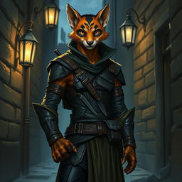 A male D&D character resembling a mix between a fishercat and a weasel, featuring elongated body proportions, sleek fur in rich shades of brown and black, and distinctive facial markings