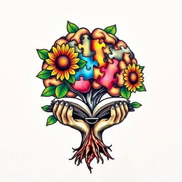 A colorful tattoo design featuring a brain-shaped tree with vibrant sunflowers blooming around it