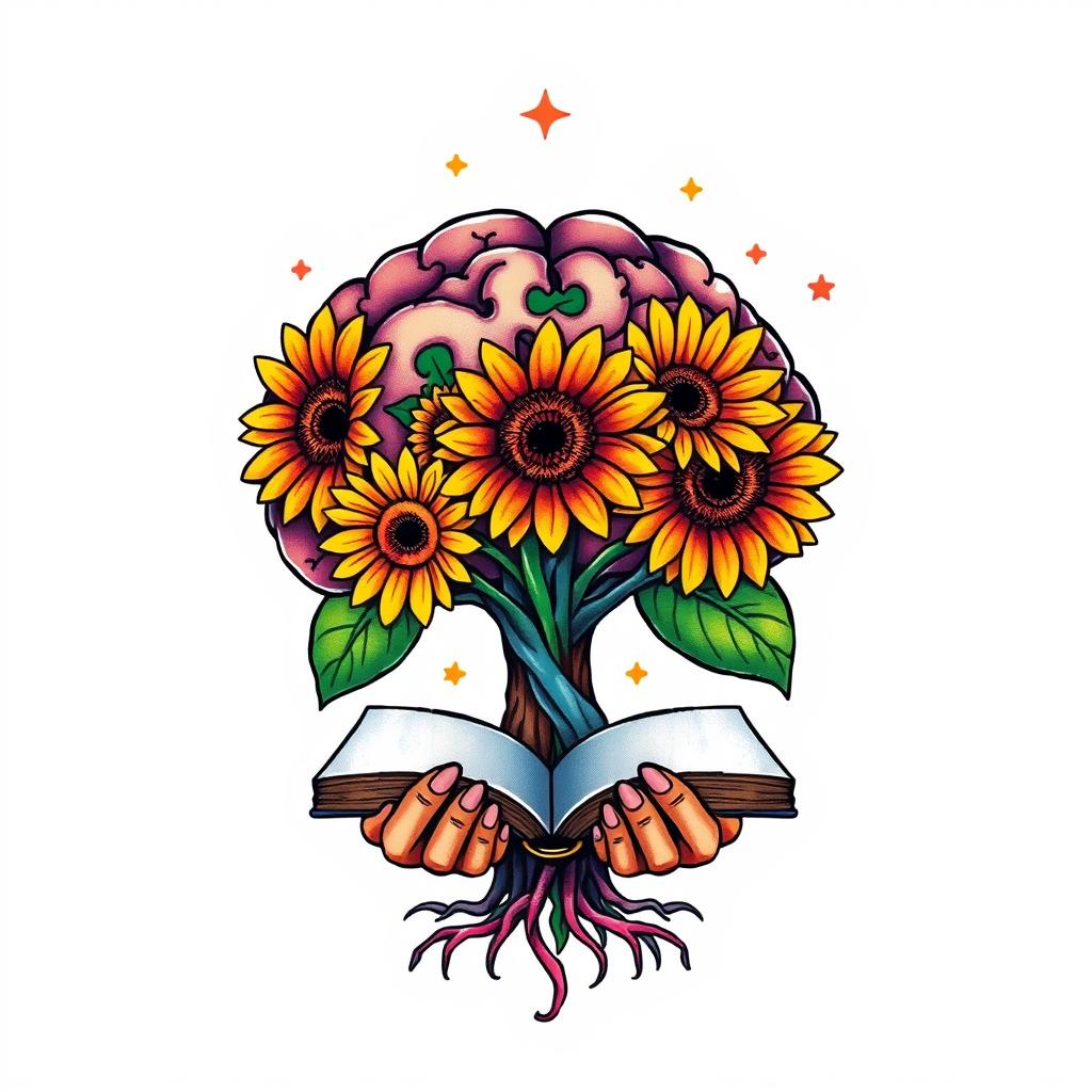 A colorful tattoo design featuring a brain-shaped tree with vibrant sunflowers blooming around it