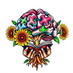 A colorful tattoo design featuring a brain-shaped tree with vibrant sunflowers blooming around it