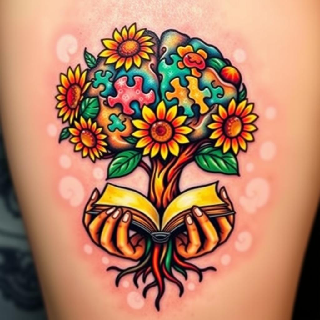 A colorful tattoo design featuring a brain-shaped tree with vibrant sunflowers blooming around it