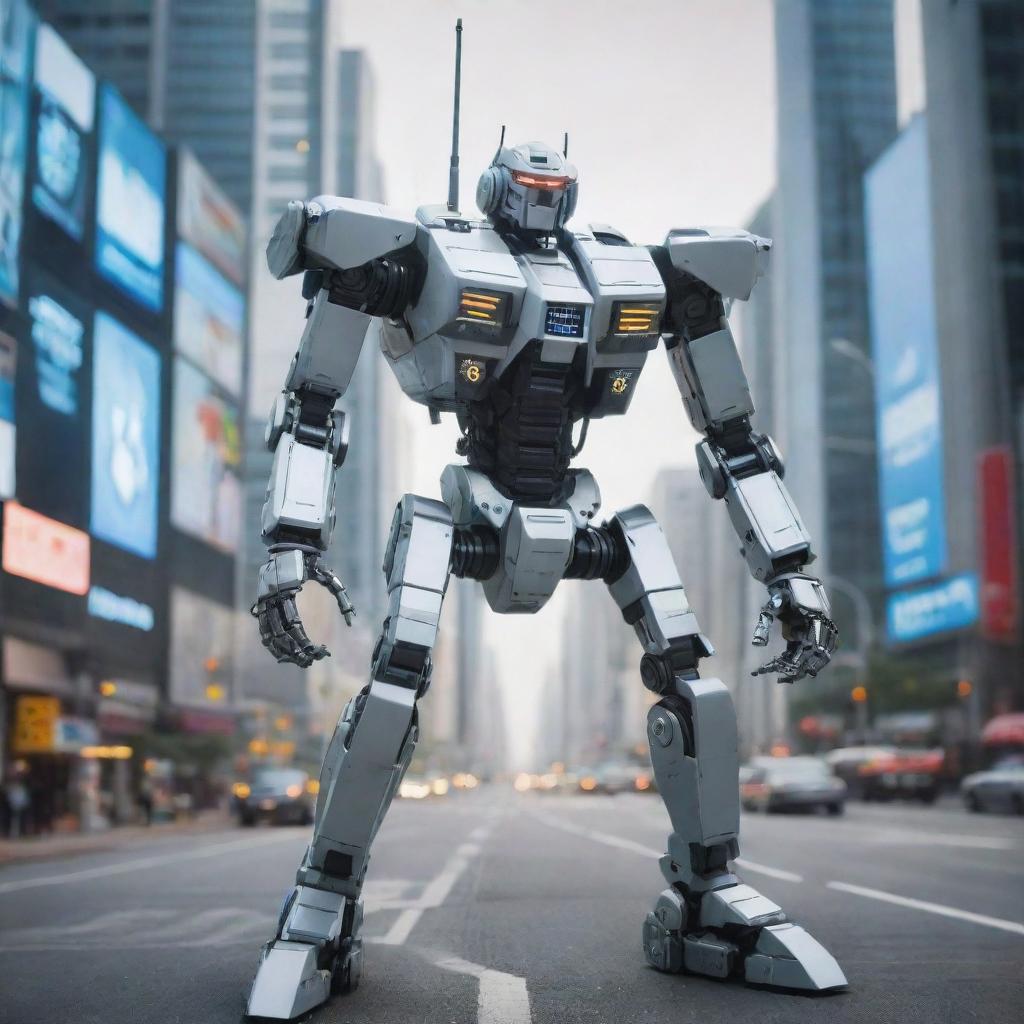 A futuristic mecha incorporating elements of a high-tech smartphone, featuring touch screen interfaces, app icons, and telecommunication antennas, poised in a digital cityscape buzzing with connectivity.