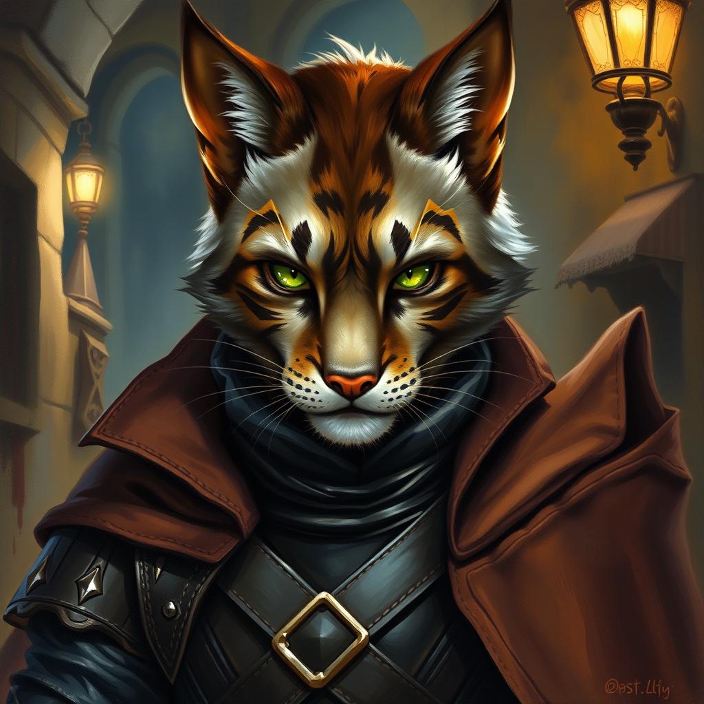 A beautifully painted portrait of a male character inspired by a fishercat, capturing his intricate features such as a sleek fur texture in shades of deep brown and grey, with distinctive facial markings