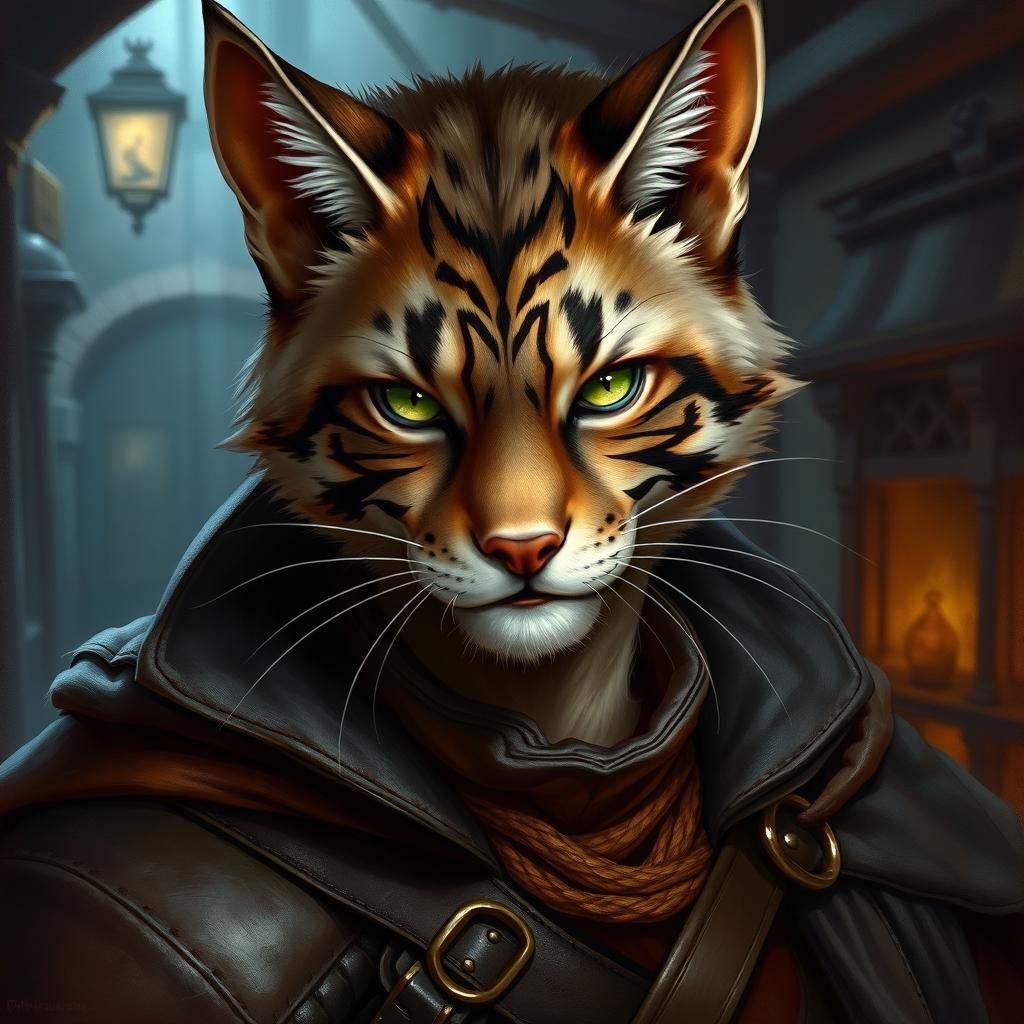 A beautifully painted portrait of a male character inspired by a fishercat, capturing his intricate features such as a sleek fur texture in shades of deep brown and grey, with distinctive facial markings