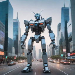 A futuristic mecha incorporating elements of a high-tech smartphone, featuring touch screen interfaces, app icons, and telecommunication antennas, poised in a digital cityscape buzzing with connectivity.