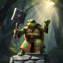 A tortle cleric in a fantasy setting, brandishing a beautifully crafted warhammer adorned with intricate symbols