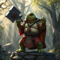 A tortle cleric in a fantasy setting, brandishing a beautifully crafted warhammer adorned with intricate symbols