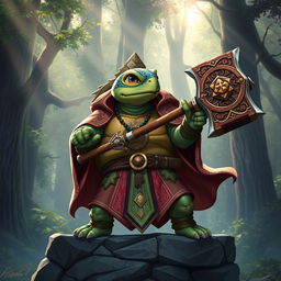 A tortle cleric in a fantasy setting, brandishing a beautifully crafted warhammer adorned with intricate symbols