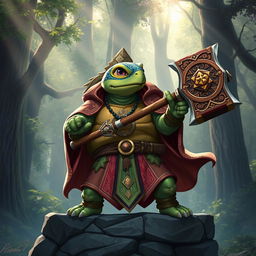 A tortle cleric in a fantasy setting, brandishing a beautifully crafted warhammer adorned with intricate symbols