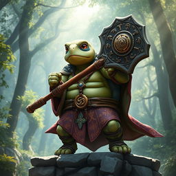 A tortle cleric in a fantasy setting, brandishing a beautifully crafted warhammer adorned with intricate symbols