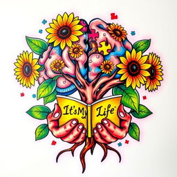 A colorful tattoo design featuring a brain-shaped tree with vibrant sunflowers blooming around it