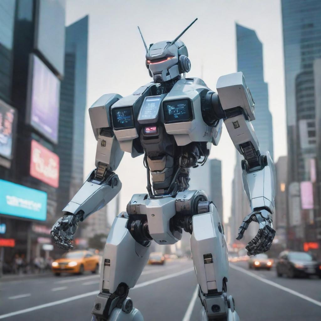 A futuristic mecha incorporating elements of a high-tech smartphone, featuring touch screen interfaces, app icons, and telecommunication antennas, poised in a digital cityscape buzzing with connectivity.