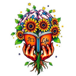 A colorful tattoo design featuring a brain-shaped tree with vibrant sunflowers blooming around it