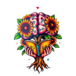 A colorful tattoo design featuring a brain-shaped tree with vibrant sunflowers blooming around it