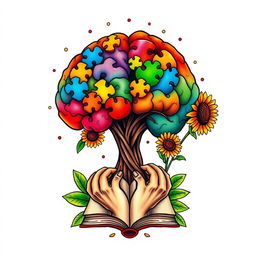 A vibrant tattoo design featuring a brain tree with colorful leaves that are shaped like puzzle pieces