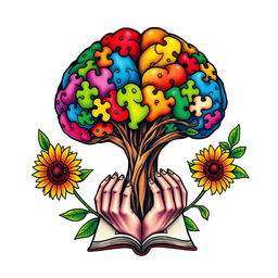 A vibrant tattoo design featuring a brain tree with colorful leaves that are shaped like puzzle pieces