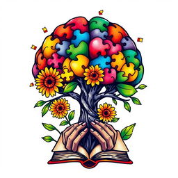 A vibrant tattoo design featuring a brain tree with colorful leaves that are shaped like puzzle pieces