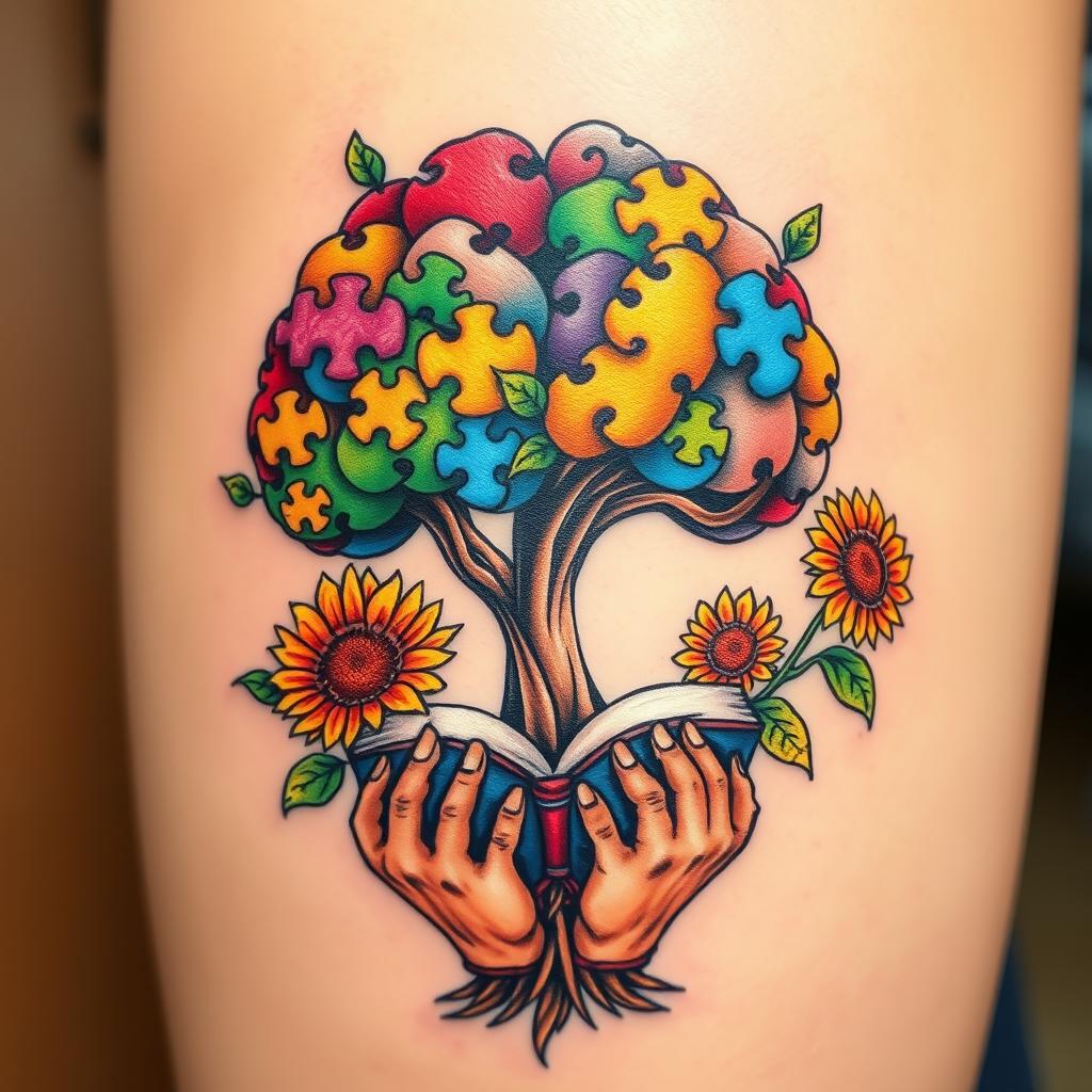 A vibrant tattoo design featuring a brain tree with colorful leaves that are shaped like puzzle pieces