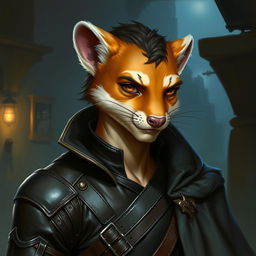 A beautifully painted portrait of a male character that resembles a weasel, featuring a slender and agile physique with sleek, tawny fur and subtle markings that highlight his cunning nature