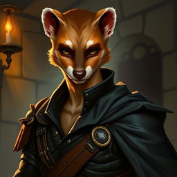 A beautifully painted portrait of a male character that resembles a weasel, featuring a slender and agile physique with sleek, tawny fur and subtle markings that highlight his cunning nature