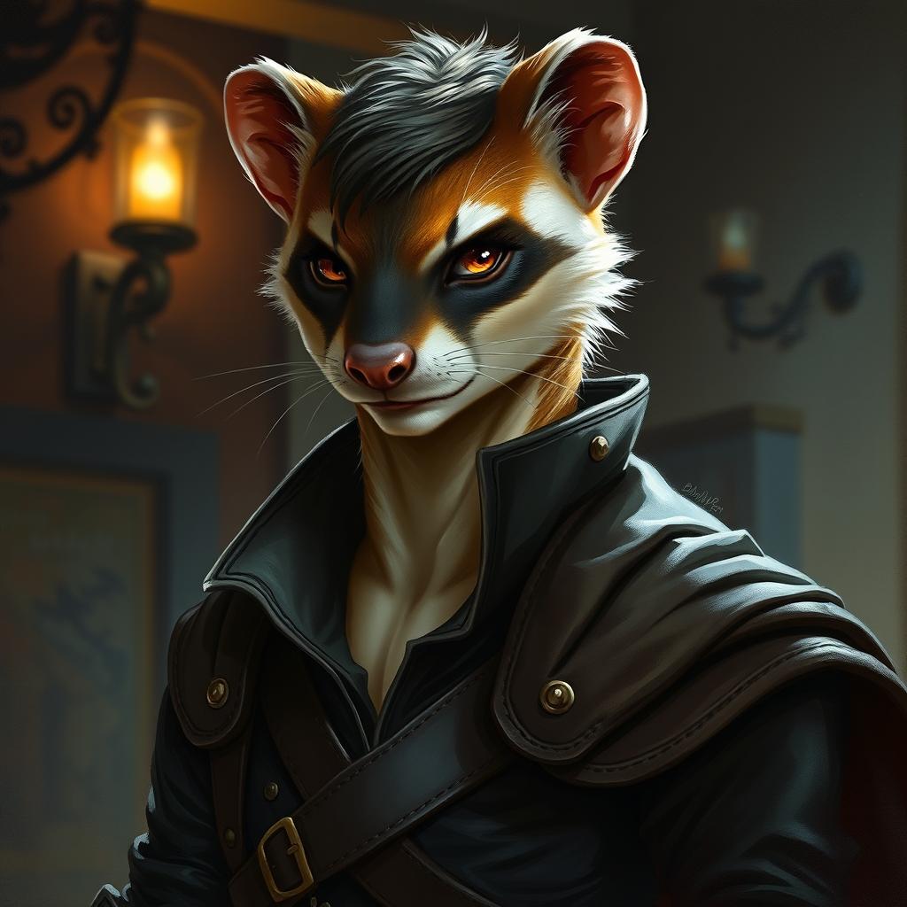 A beautifully painted portrait of a male character that resembles a weasel, featuring a slender and agile physique with sleek, tawny fur and subtle markings that highlight his cunning nature