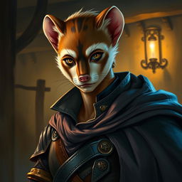 A beautifully painted portrait of a male character that resembles a weasel, featuring a slender and agile physique with sleek, tawny fur and subtle markings that highlight his cunning nature