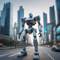 A futuristic mecha incorporating elements of a high-tech smartphone, featuring touch screen interfaces, app icons, and telecommunication antennas, poised in a digital cityscape buzzing with connectivity.