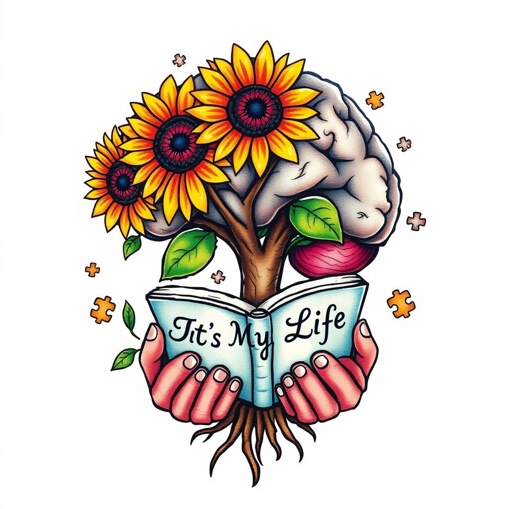 A colorful tattoo design featuring a brain-shaped tree with vibrant sunflower flowers blooming from its branches